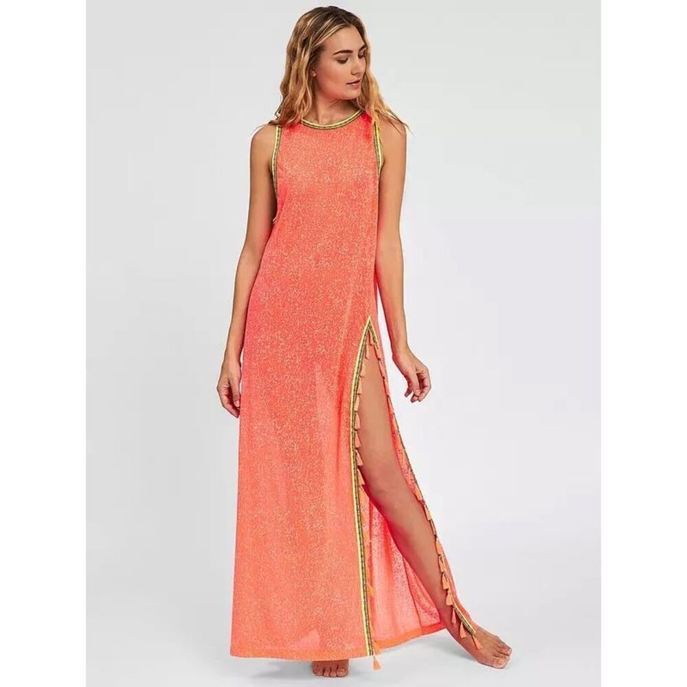 PitUSA Tassel Slit Maxi Dress in Watermelon Size Standard-M/L/XL